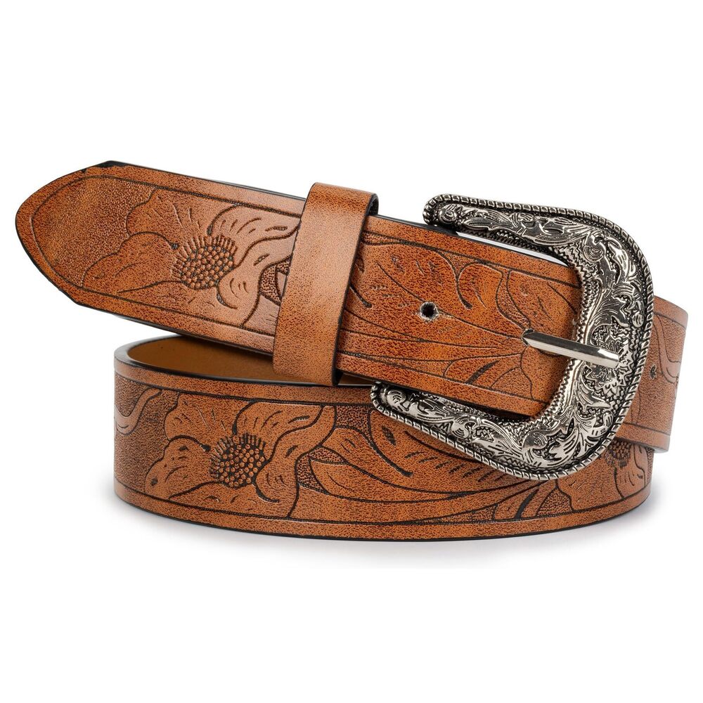 8914 Adjustable Vintage Western-belts For Women Men Embossed Pu Leather